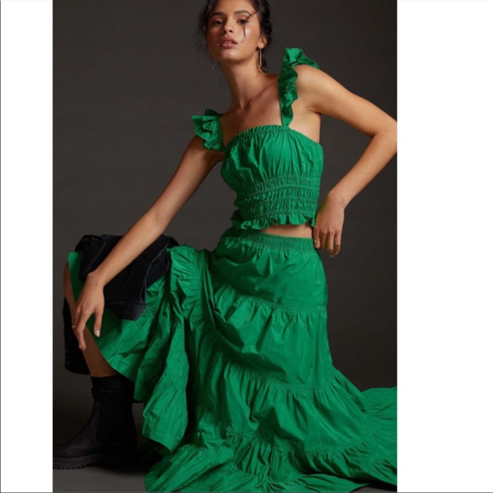 Anthropologie Maeve Tiered Green Maxi Skirt - Taffeta - size 10